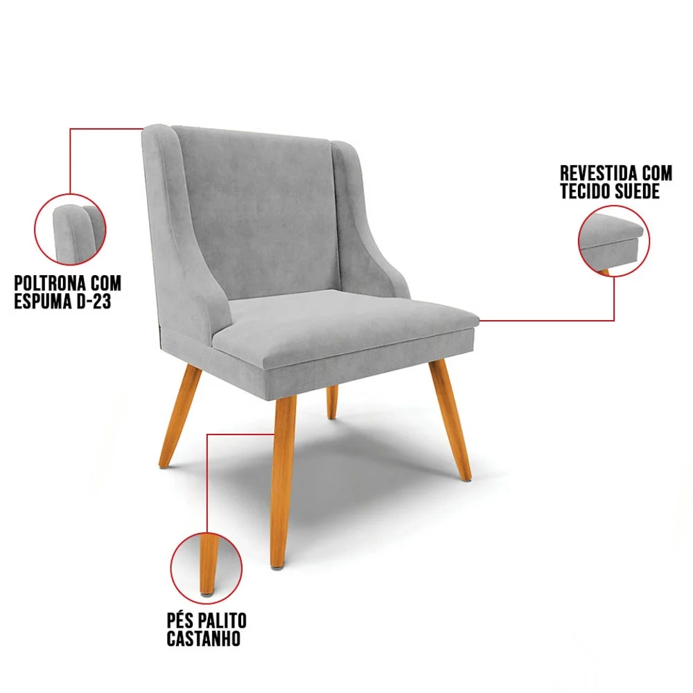 Kit 6 Cadeiras Estofadas para Sala de Jantar Pés Palito Lia Suede Cinza - Ibiza