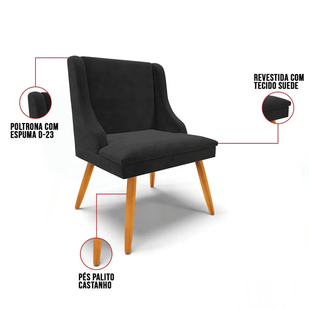 Kit 8 Cadeiras Estofadas para Sala de Jantar Pés Palito Lia Suede Preto - Ibiza