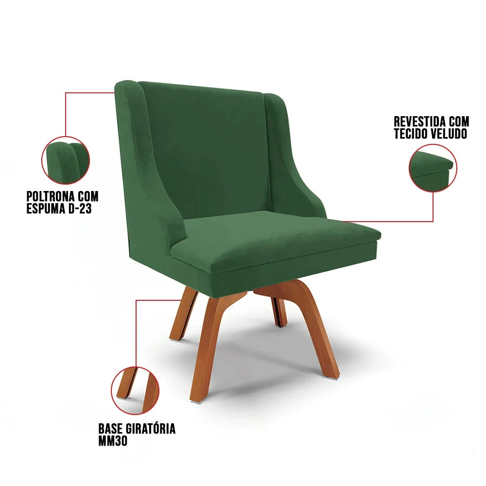 Kit 8 Cadeiras Estofadas Base Giratória de Madeira Lia Veludo Verde Esmeralda - Ibiza