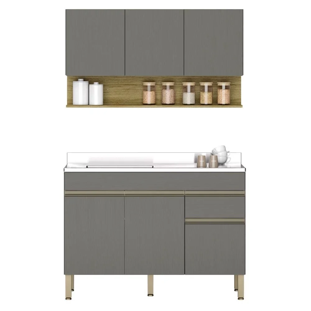 Armário de Cozinha e Balcão com Pia 120cm Lina Z06 Gris/Freijó - Mpozenato