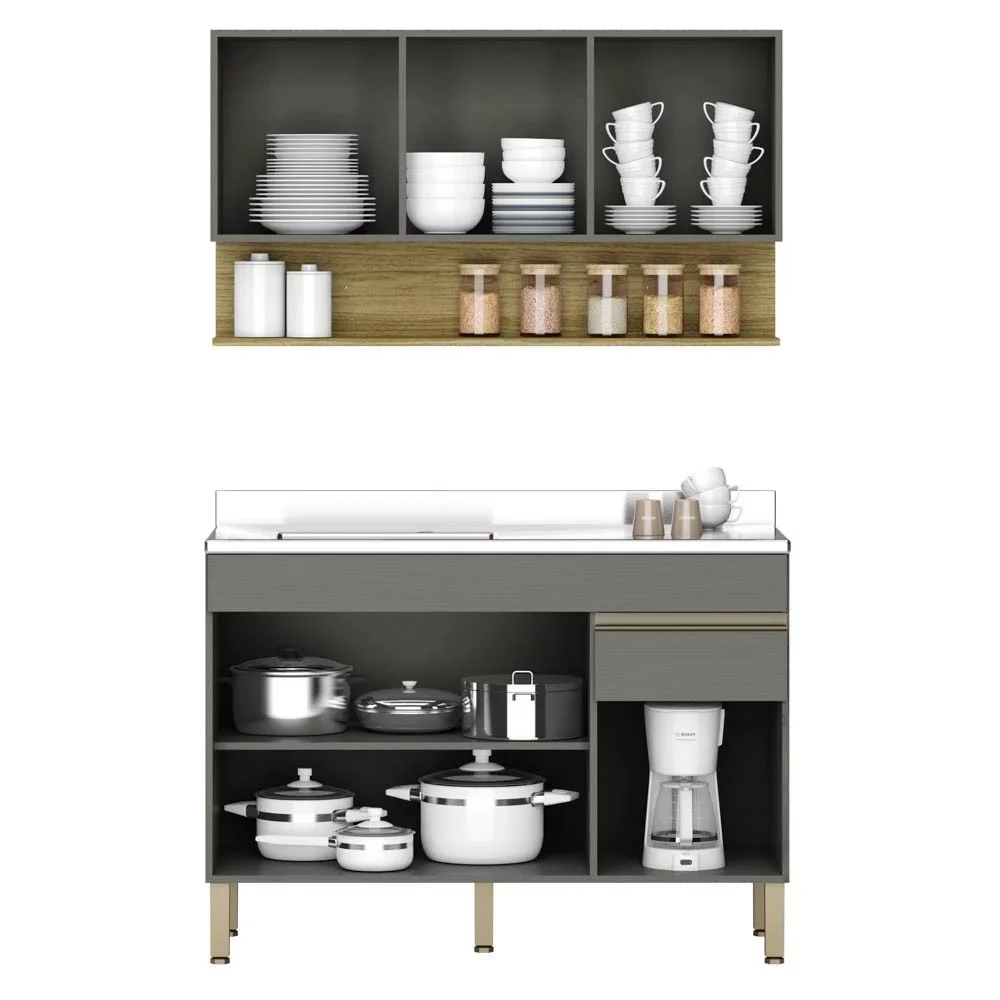 Armário de Cozinha e Balcão com Pia 120cm Lina Z06 Gris/Freijó - Mpozenato