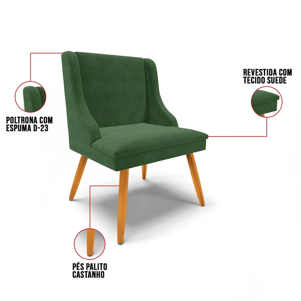 Kit 10 Cadeiras Estofadas para Sala de Jantar Pés Palito Lia Suede Verde - Ibiza