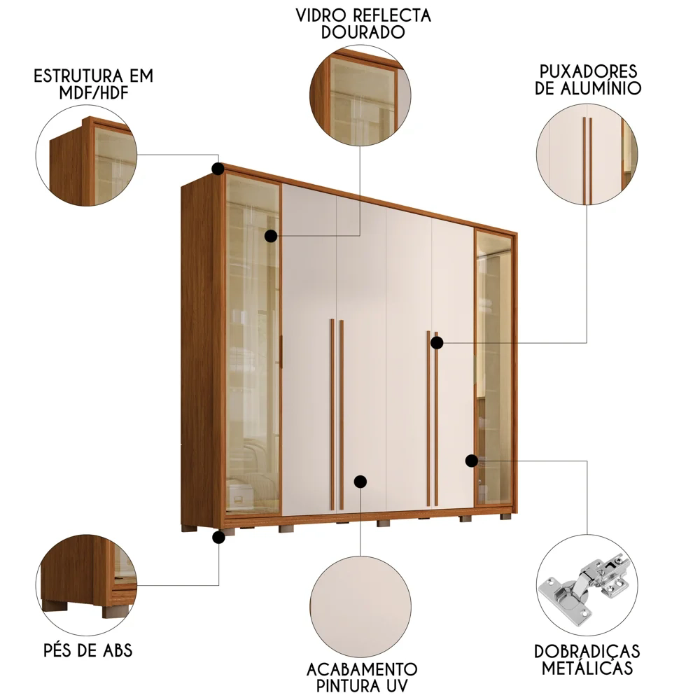 Guarda Roupa Casal 6 Portas Vidro Reflecta Octavius Freijó/Off White - Caemmun