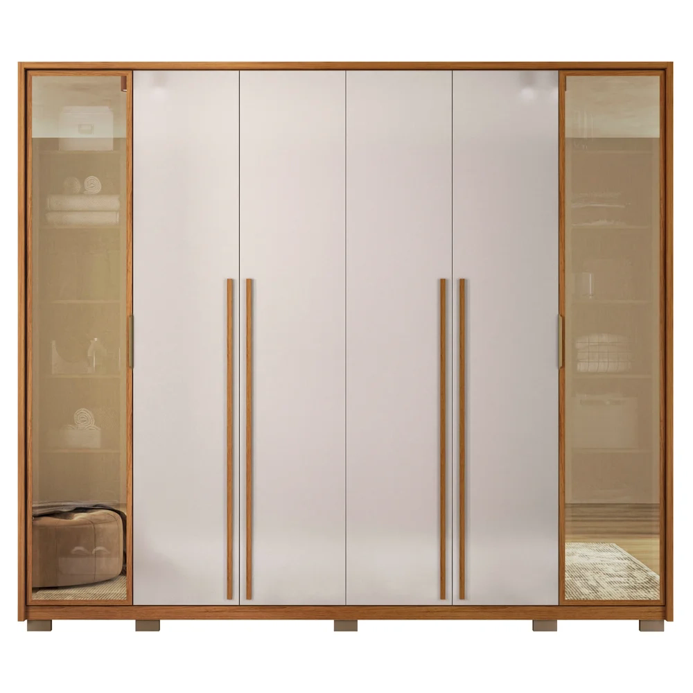 Guarda Roupa Casal 6 Portas Vidro Reflecta Octavius Freijó/Off White - Caemmun