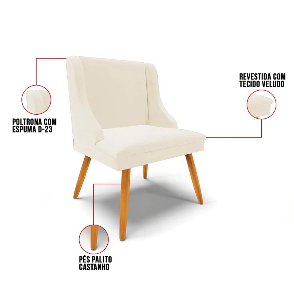 Kit 6 Cadeiras Estofadas para Sala de Jantar Pés Palito Lia Veludo Bege - Ibiza