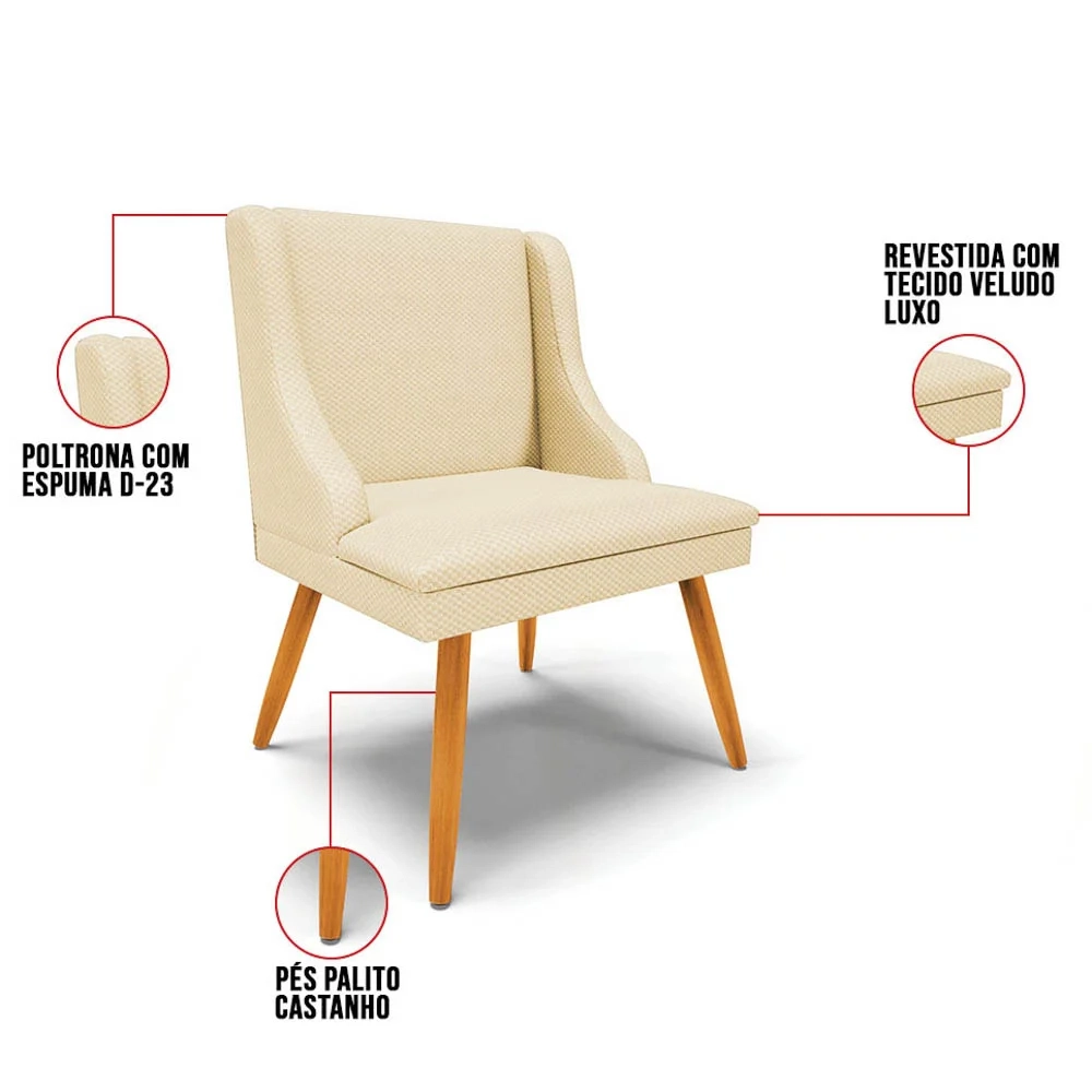 Kit 8 Cadeiras Estofadas para Sala de Jantar Pés Palito Lia Veludo Off White Luxo - Ibiza