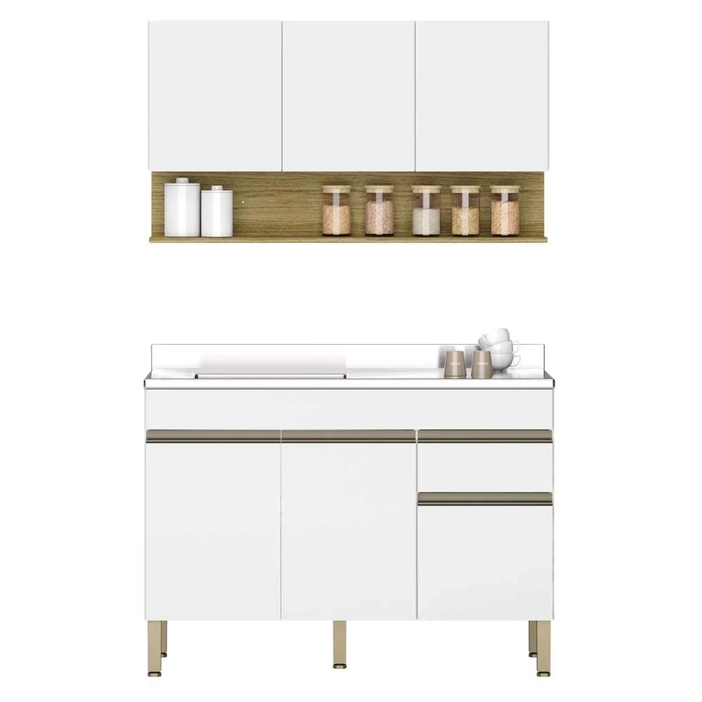 Armário de Cozinha e Balcão com Pia 120cm Lina Z06 Supremo/Freijó - Mpozenato