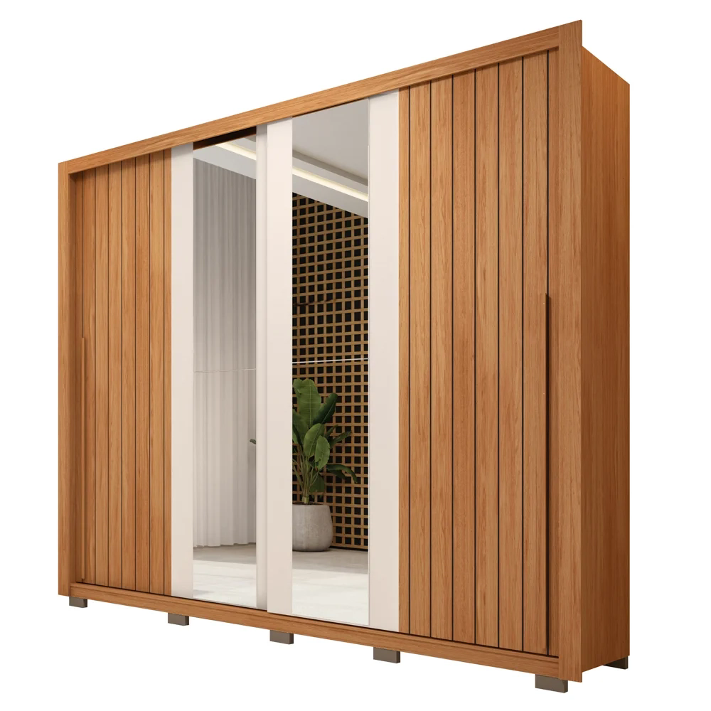 Guarda Roupa Casal 2 Portas de Correr com Espelho Moviment Freijó/Off White - Caemmun