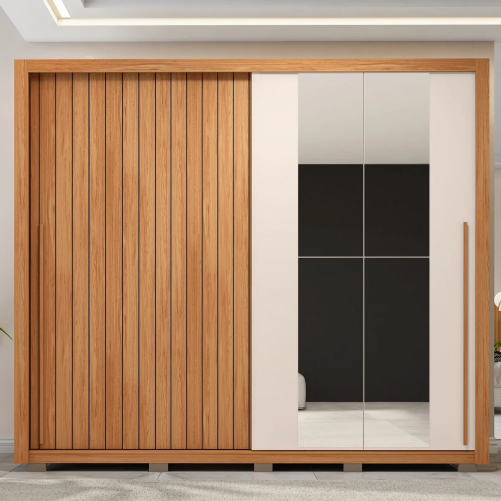 Guarda Roupa Casal 2 Portas de Correr com Espelho Moviment Freijó/Off White - Caemmun