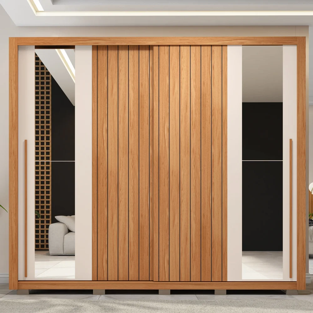 Guarda Roupa Casal 2 Portas de Correr com Espelho Moviment Freijó/Off White - Caemmun