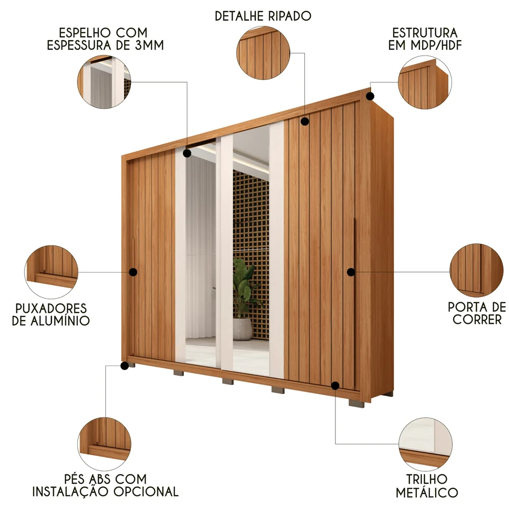 Guarda Roupa Casal 2 Portas de Correr com Espelho Moviment Freijó/Off White - Caemmun