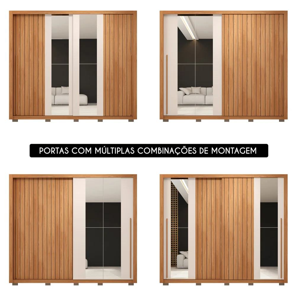 Guarda Roupa Casal 2 Portas de Correr com Espelho Moviment Freijó/Off White - Caemmun