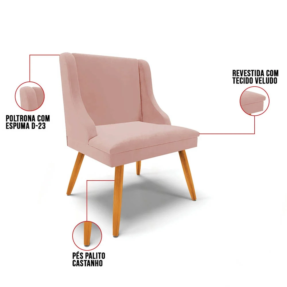 Kit 8 Cadeiras Estofadas para Sala de Jantar Pés Palito Lia Veludo Rosê - Ibiza