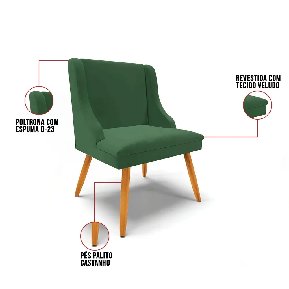 Kit 8 Cadeiras Estofadas para Sala de Jantar Pés Palito Lia Veludo Verde Esmeralda - Ibiza