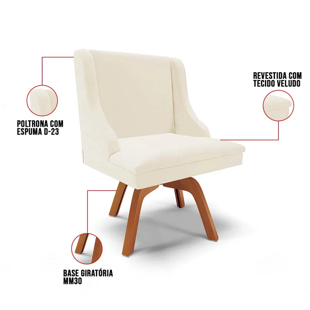 Kit 10 Cadeiras Estofadas Base Giratória de Madeira Lia Veludo Bege - Ibiza