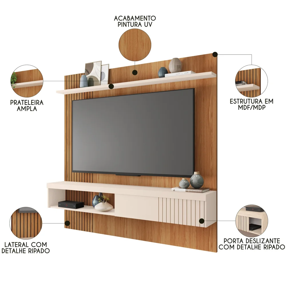 Painel para TV 65 Pol com Bancada Suspensa 180cm Jade Freijó/Off White - Caemmun