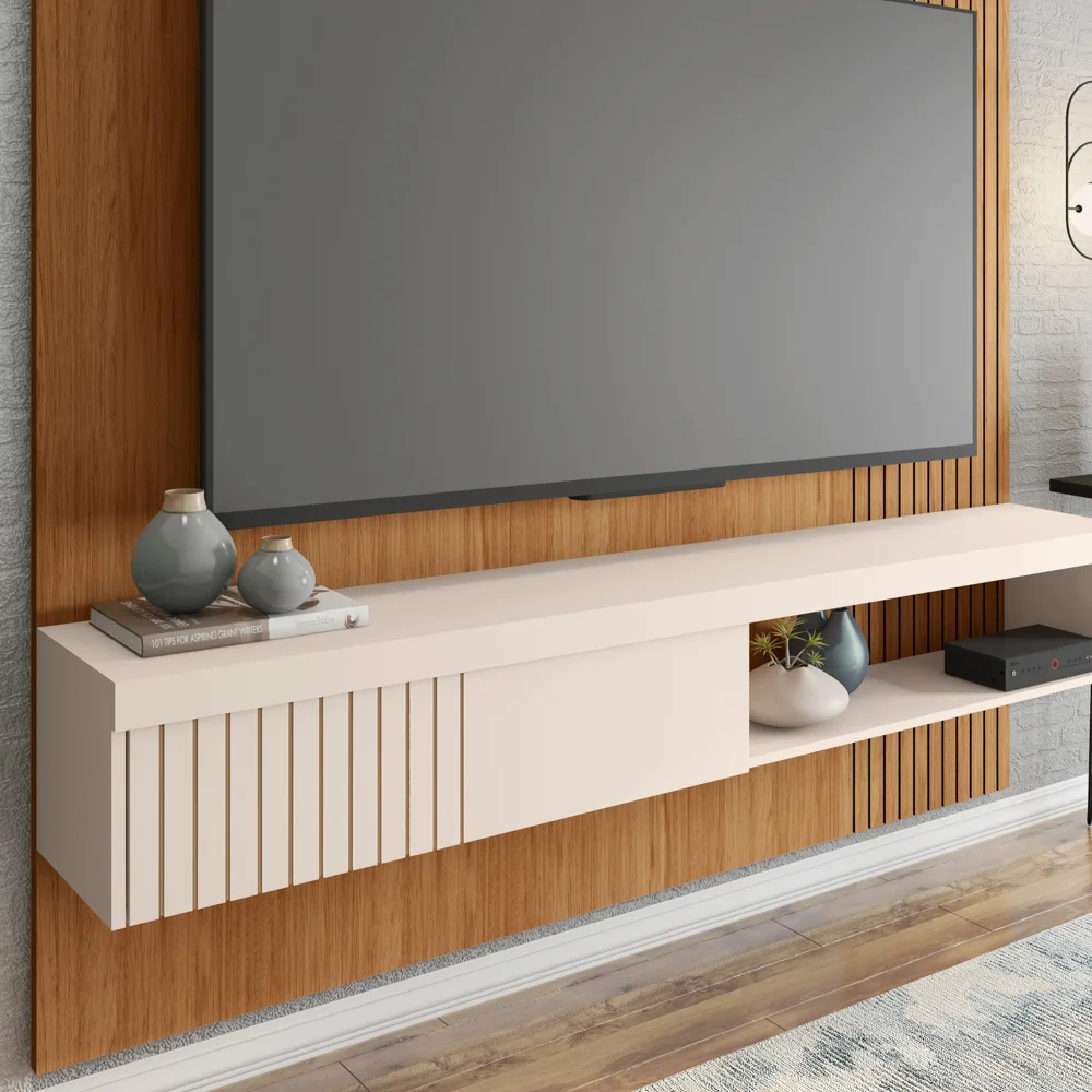 Painel para TV 65 Pol com Bancada Suspensa 180cm Jade Freijó/Off White - Caemmun
