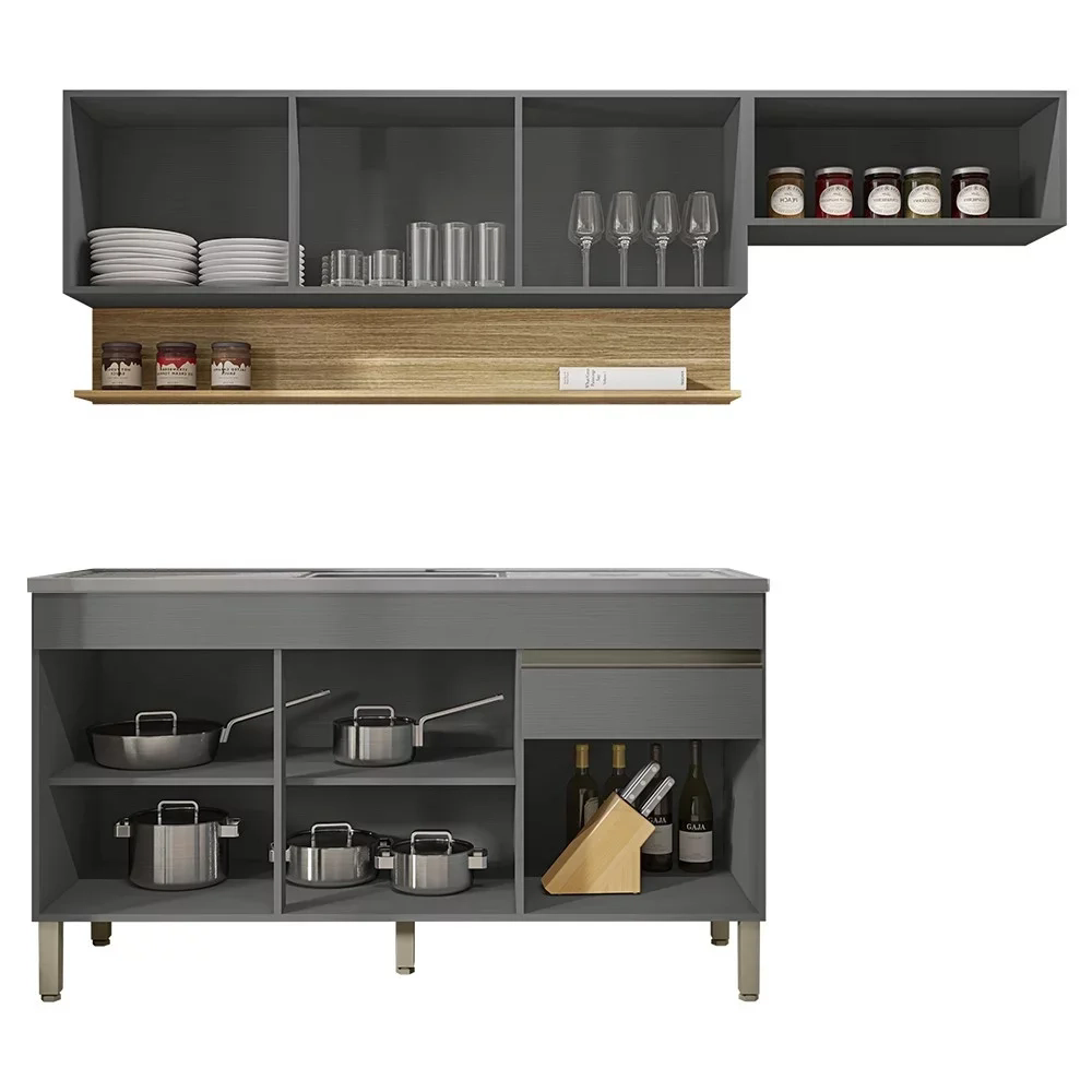 Armário de Cozinha 4 Peças Balcão com Pia 120cm Lina08 Z06 Gris/Freijó - Mpozenato