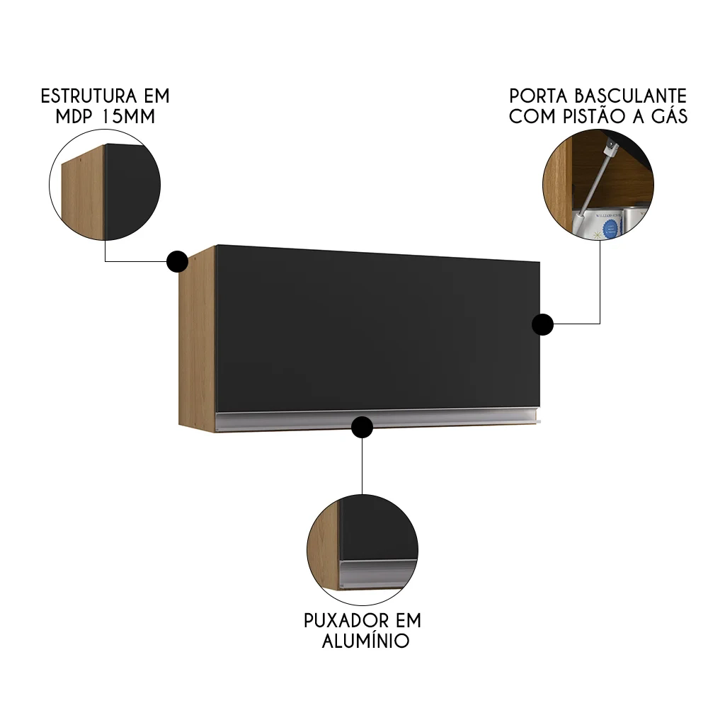 Armário de Cozinha Aéreo Geladeira 60cm 1 Porta Andréia Amêndoa/Preto - AJL Móveis