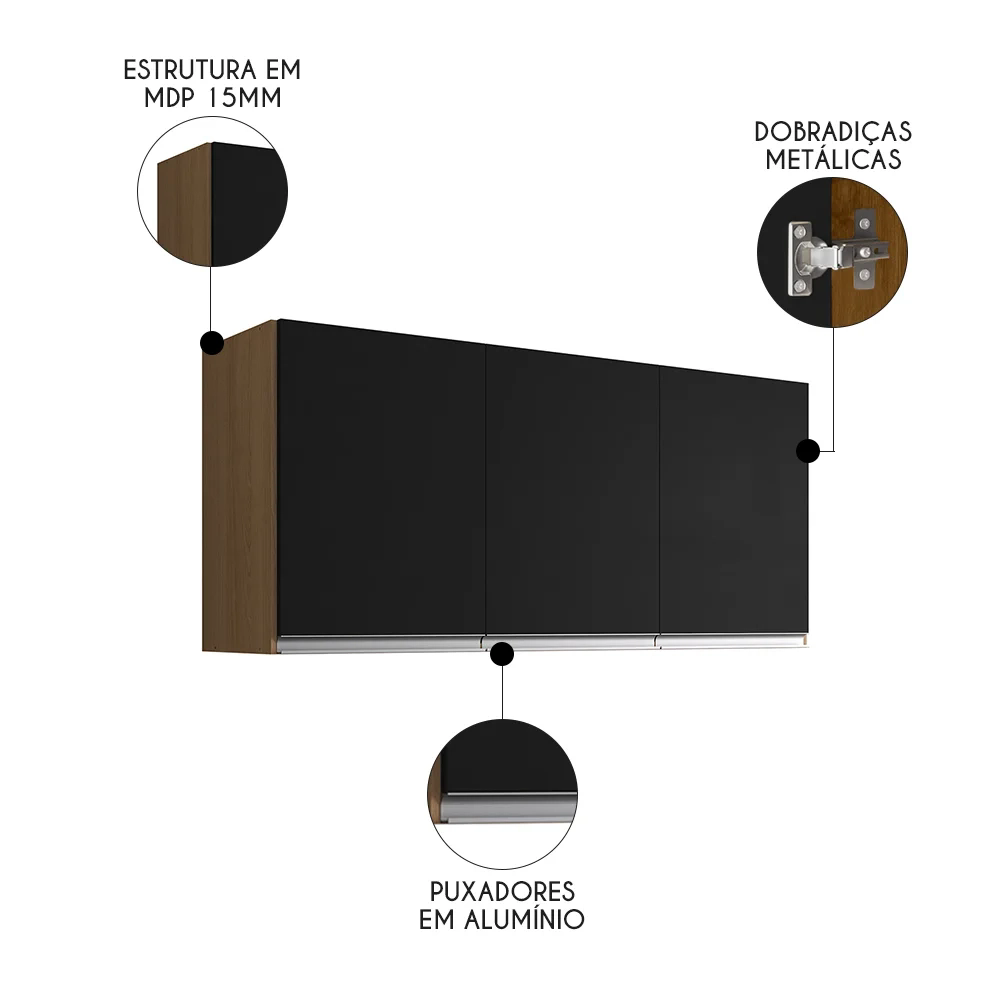 Armário de Cozinha Aéreo 120cm 3 Portas Andréia Amêndoa/Preto - AJL Móveis