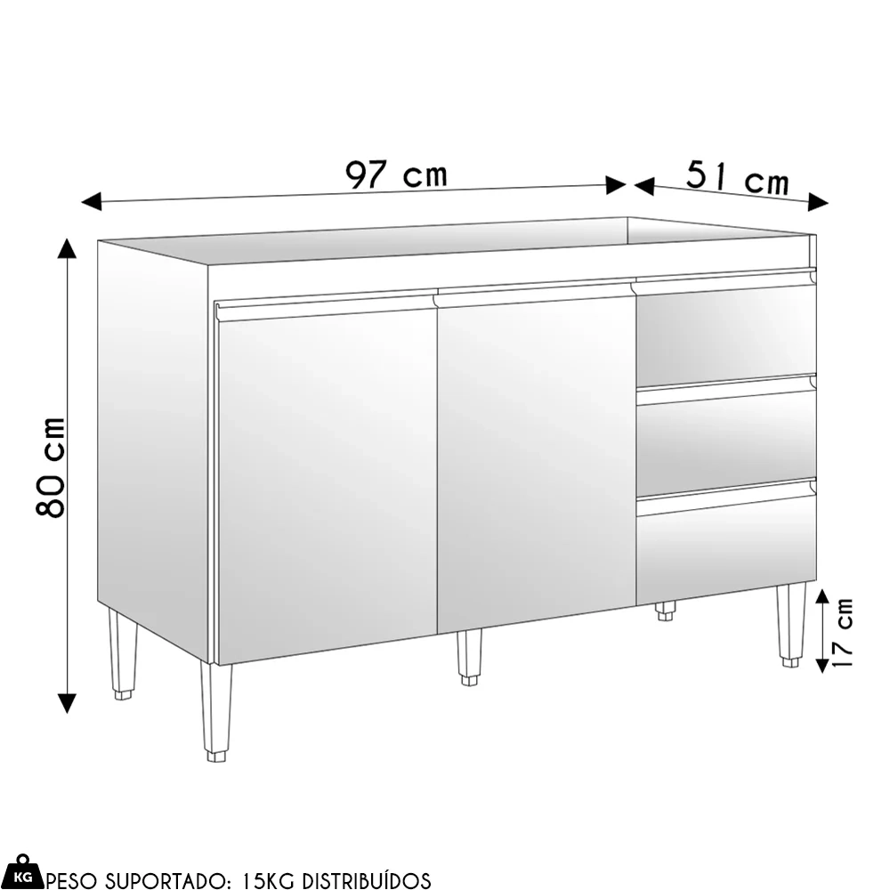 Balcão de Cozinha Para Pia 100cm 3 Gavetas Andréia Amêndoa/Preto - AJL Móveis
