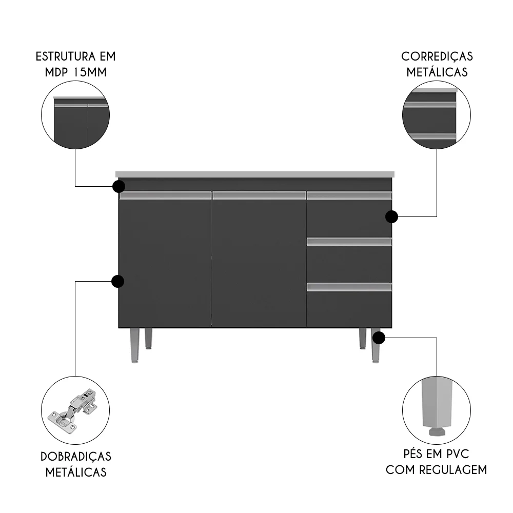 Balcão de Cozinha Com Pia Inox 100cm 3 Gavetas Andréia Cinza - AJL Móveis