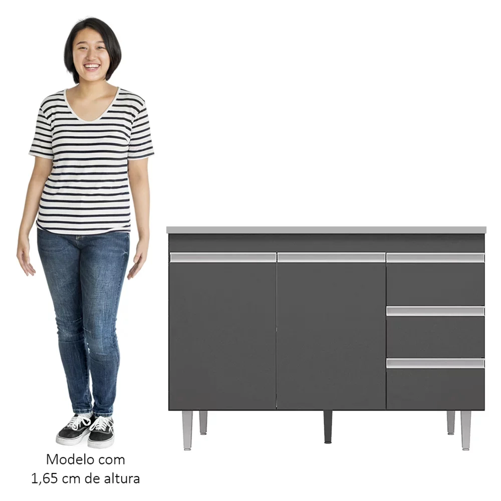 Balcão de Cozinha Com Pia Inox 100cm 3 Gavetas Andréia Cinza - AJL Móveis