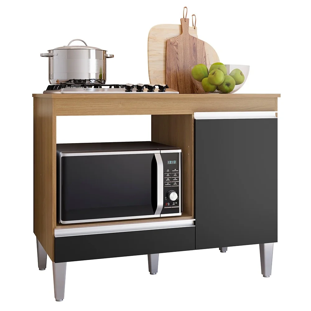 Balcão de Cozinha Para Cooktop e Forno Microondas Carla Amêndoa/Preto - AJL Móveis