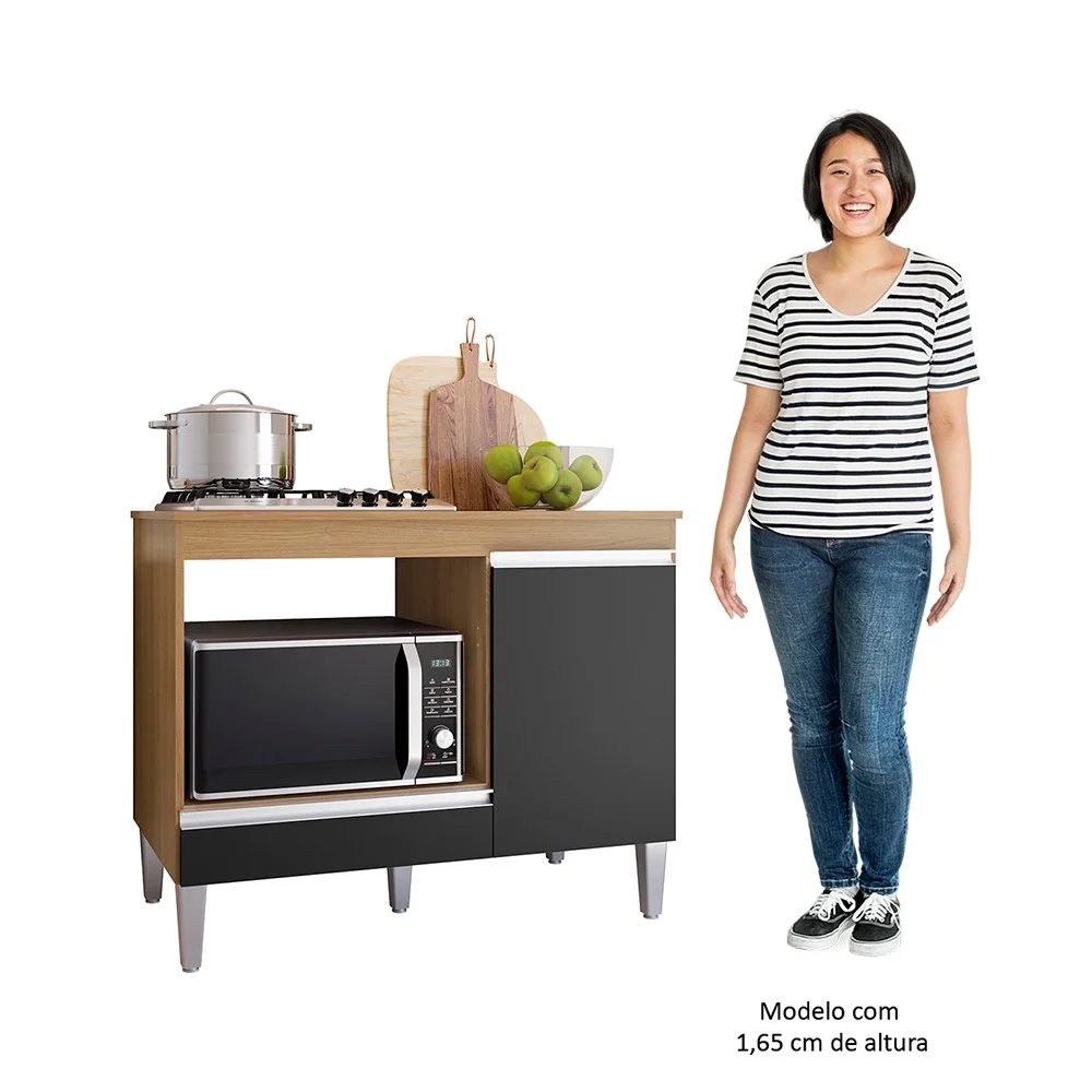 Balcão de Cozinha Para Cooktop e Forno Microondas Carla Amêndoa/Preto - AJL Móveis