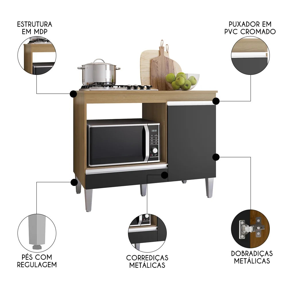 Balcão de Cozinha Para Cooktop e Forno Microondas Carla Amêndoa/Preto - AJL Móveis
