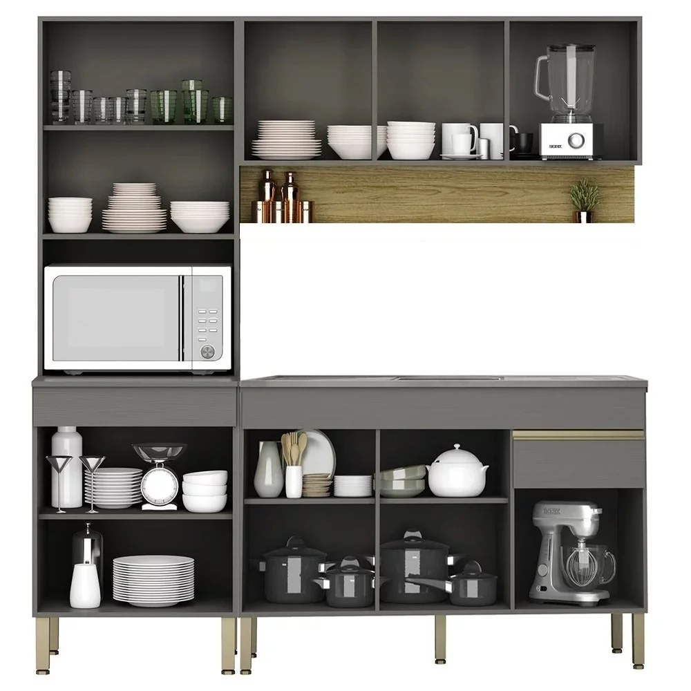 Armário de Cozinha 4 Peças Balcão 120cm com Pia Lina09 Z06 Gris/Freijó - Mpozenato