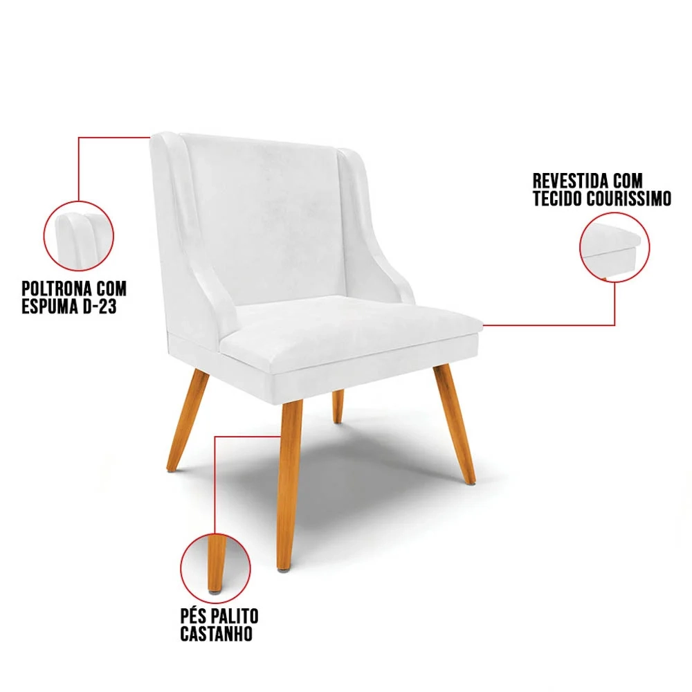 Cadeira Estofada para Sala de Jantar Pés Palito Lia Sintético Premium Branco - Ibiza