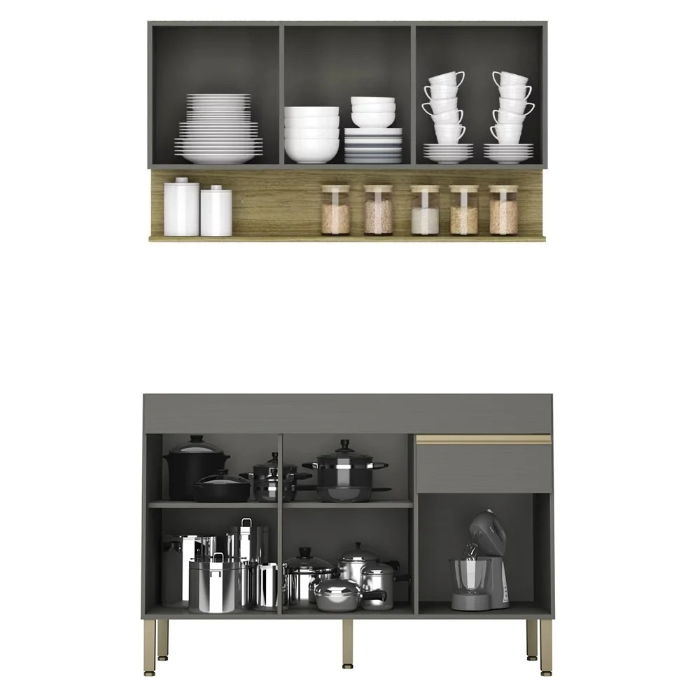 Armário de Cozinha com Balcão sem Tampo 150cm Lina Z06 Gris/Freijó - Mpozenato