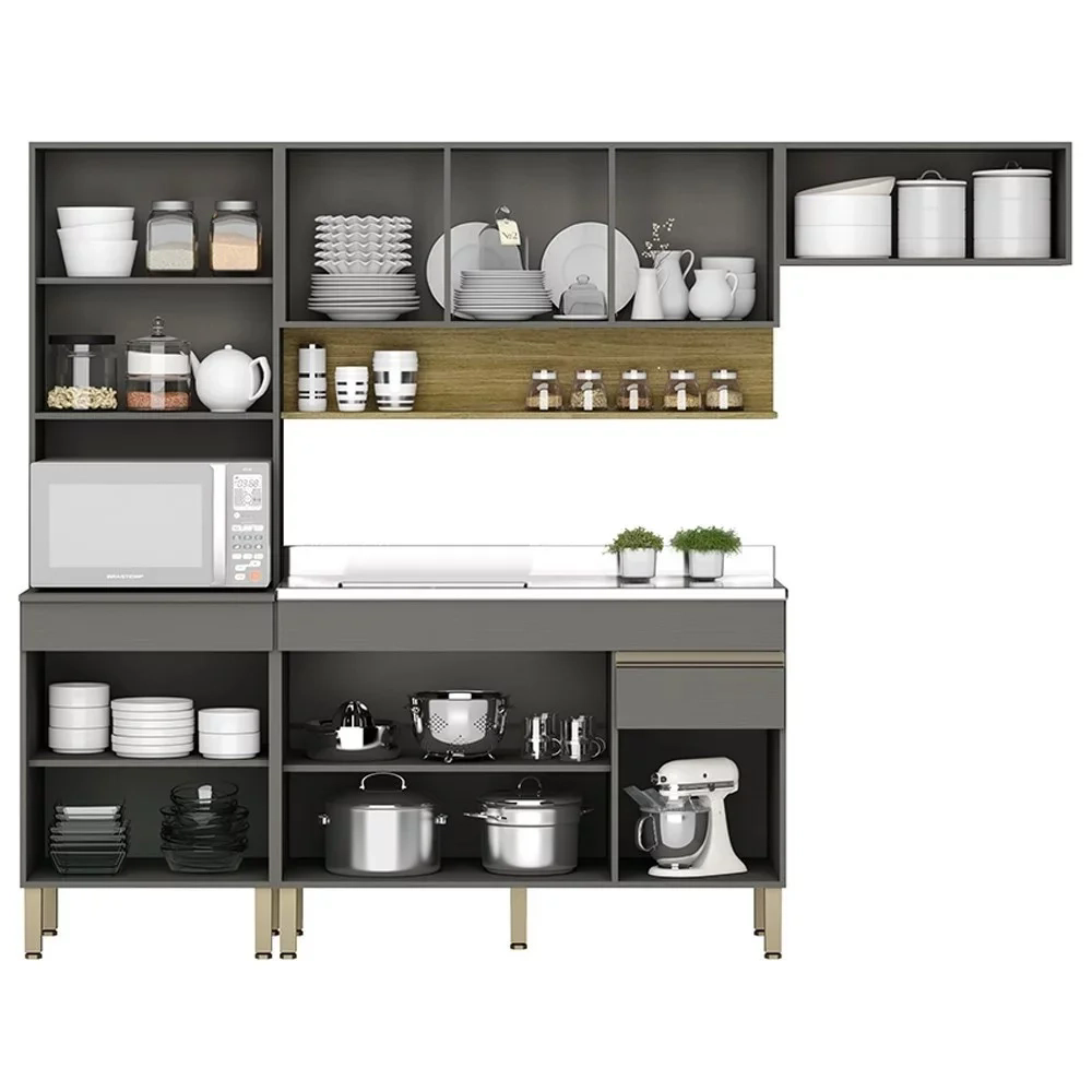 Armário de Cozinha 5 peças Balcão com Pia 120cm Lina10 Z06 Gris/Freijó - Mpozenato