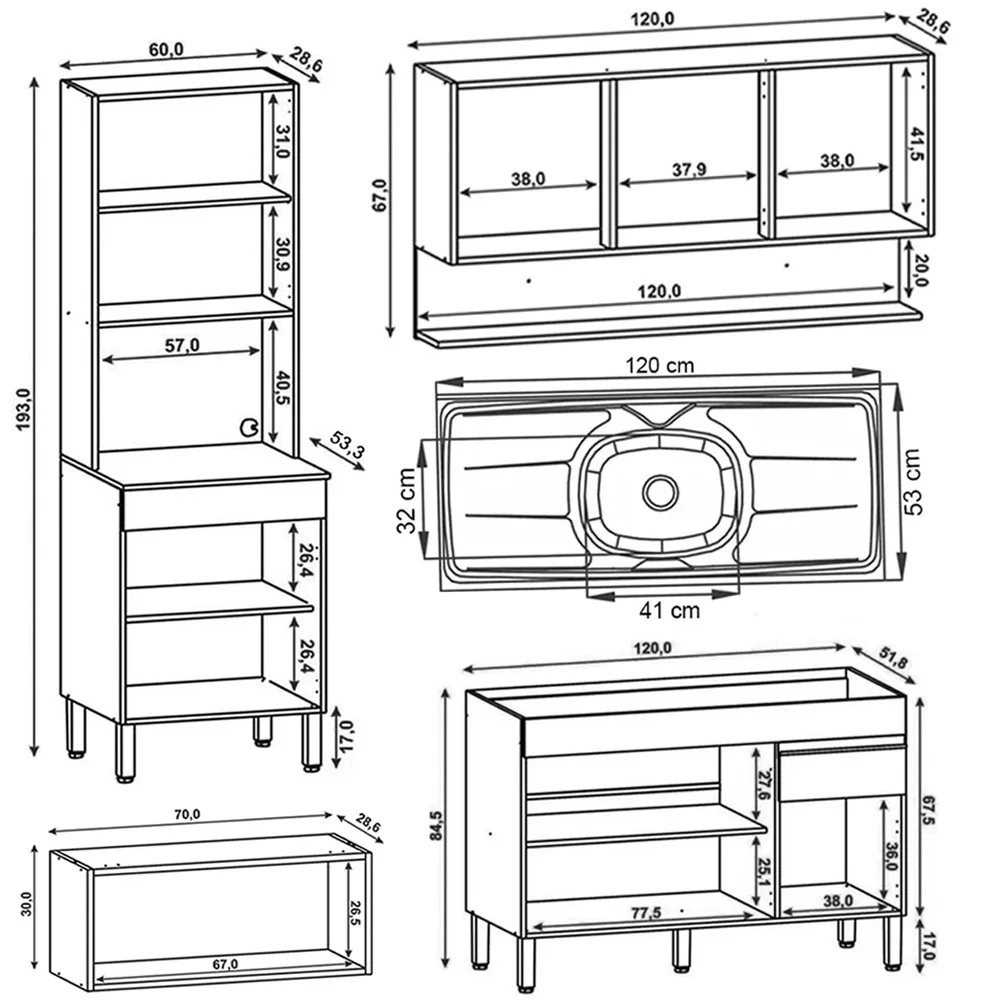 Armário de Cozinha 5 peças Balcão com Pia 120cm Lina10 Z06 Gris/Freijó - Mpozenato