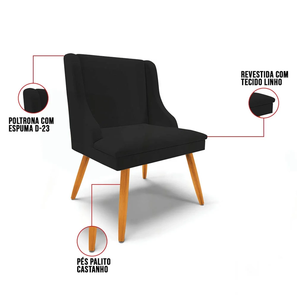 Cadeira Estofada para Sala de Jantar Pés Palito Lia Linho Preto - Ibiza