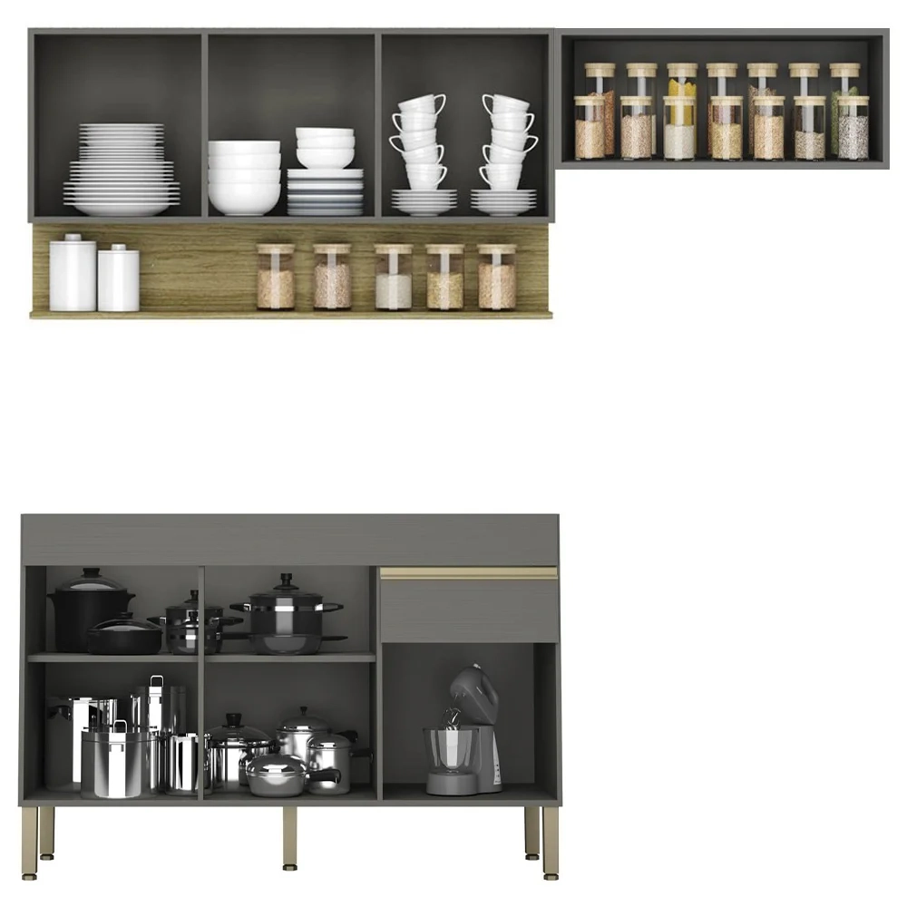 Armário de Cozinha 3 Peças Balcão sem Tampo 150cm Lina12 Z06 Gris/Freijó - Mpozenato