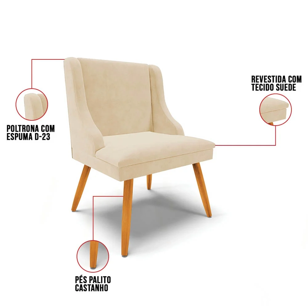 Cadeira Estofada para Sala de Jantar Pés Palito Lia Suede Bege - Ibiza