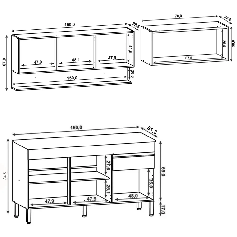 Armário de Cozinha 3 Peças Balcão sem Tampo 150cm Lina12 Z06 Supremo/Freijó - Mpozenato