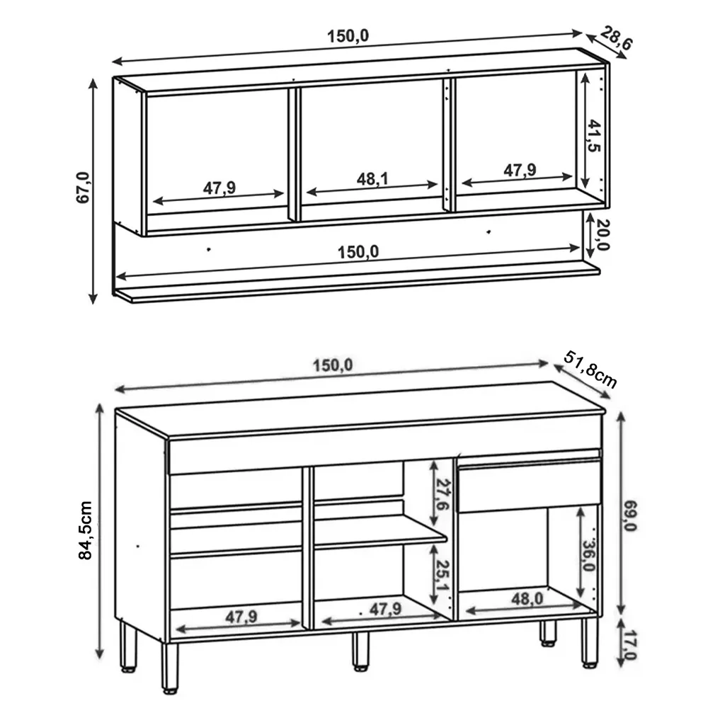 Armário de Cozinha com Balcão sem Tampo 150cm Lina Z06 Supremo/Freijó - Mpozenato
