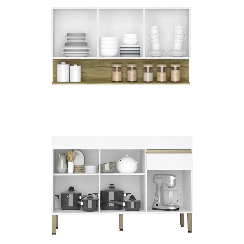 Armário de Cozinha com Balcão sem Tampo 150cm Lina Z06 Supremo/Freijó - Mpozenato