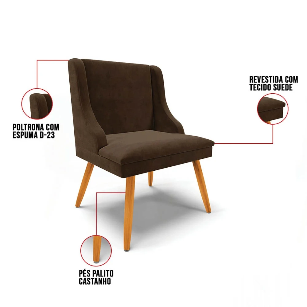 Cadeira Estofada para Sala de Jantar Pés Palito Lia Suede Marrom - Ibiza