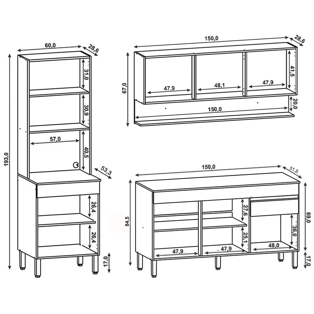 Armário de Cozinha 3 Peças Balcão 150cm sem Tampo Lina13 Z06 Gris/Freijó - Mpozenato