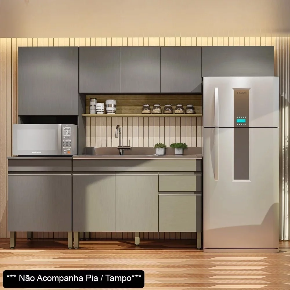 Armário de Cozinha 4 peças Balcão sem Tampo 150cm Lina14 Z06 Gris/Freijó - Mpozenato