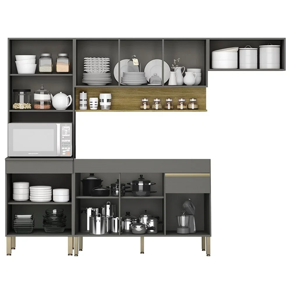 Armário de Cozinha 4 peças Balcão sem Tampo 150cm Lina14 Z06 Gris/Freijó - Mpozenato