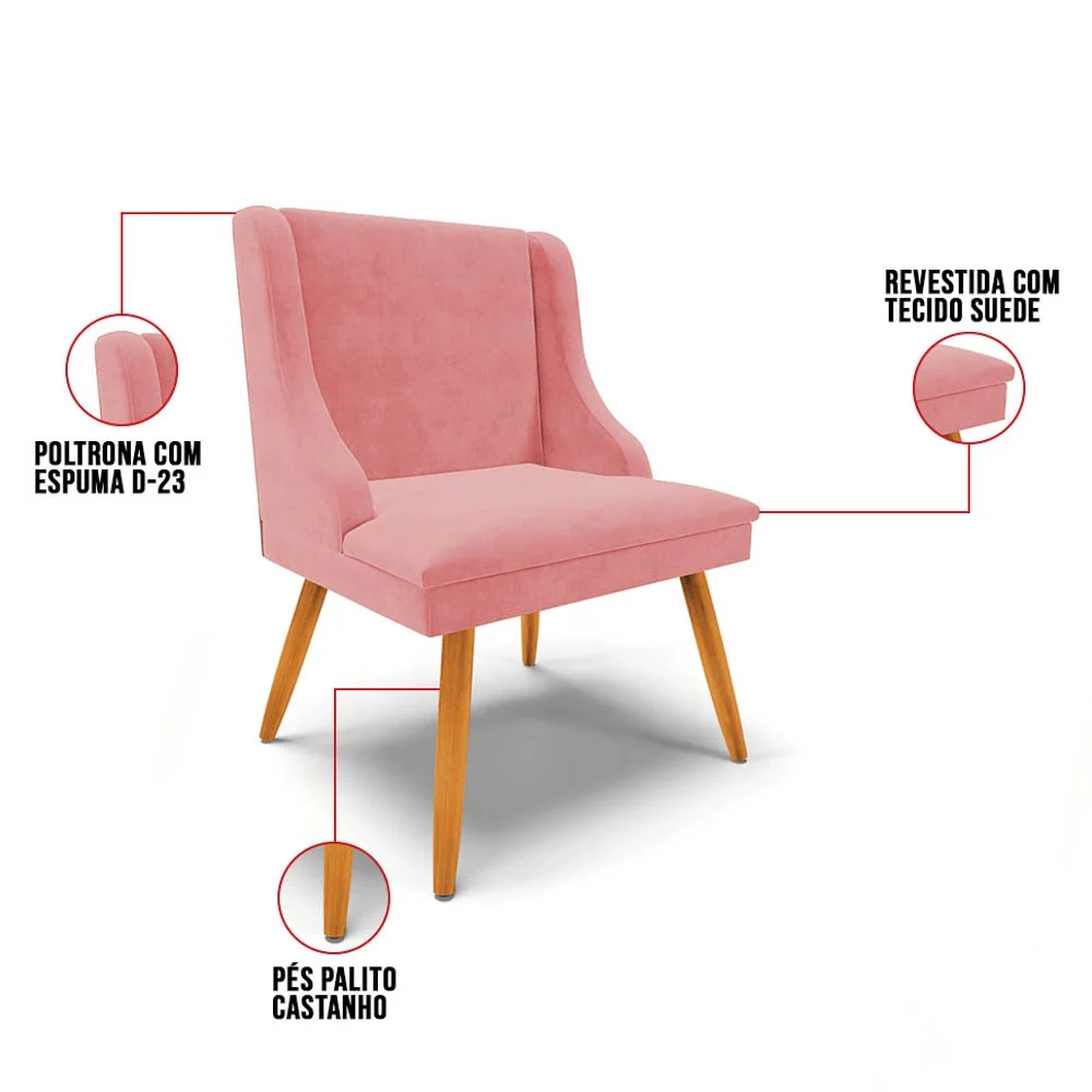 Cadeira Estofada para Sala de Jantar Pés Palito Lia Suede Rosê - Ibiza