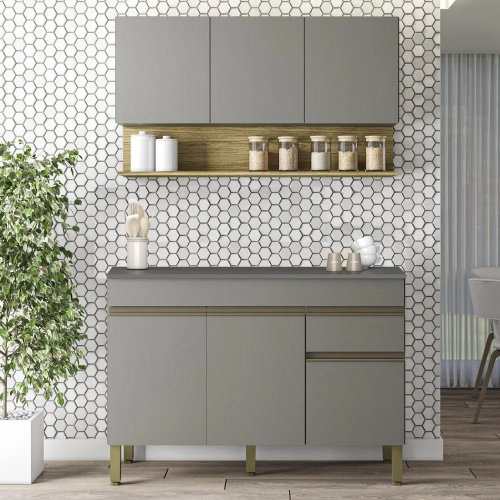 Armário de Cozinha e Balcão com Tampo 150cm Lina Z06 Gris/Freijó - Mpozenato