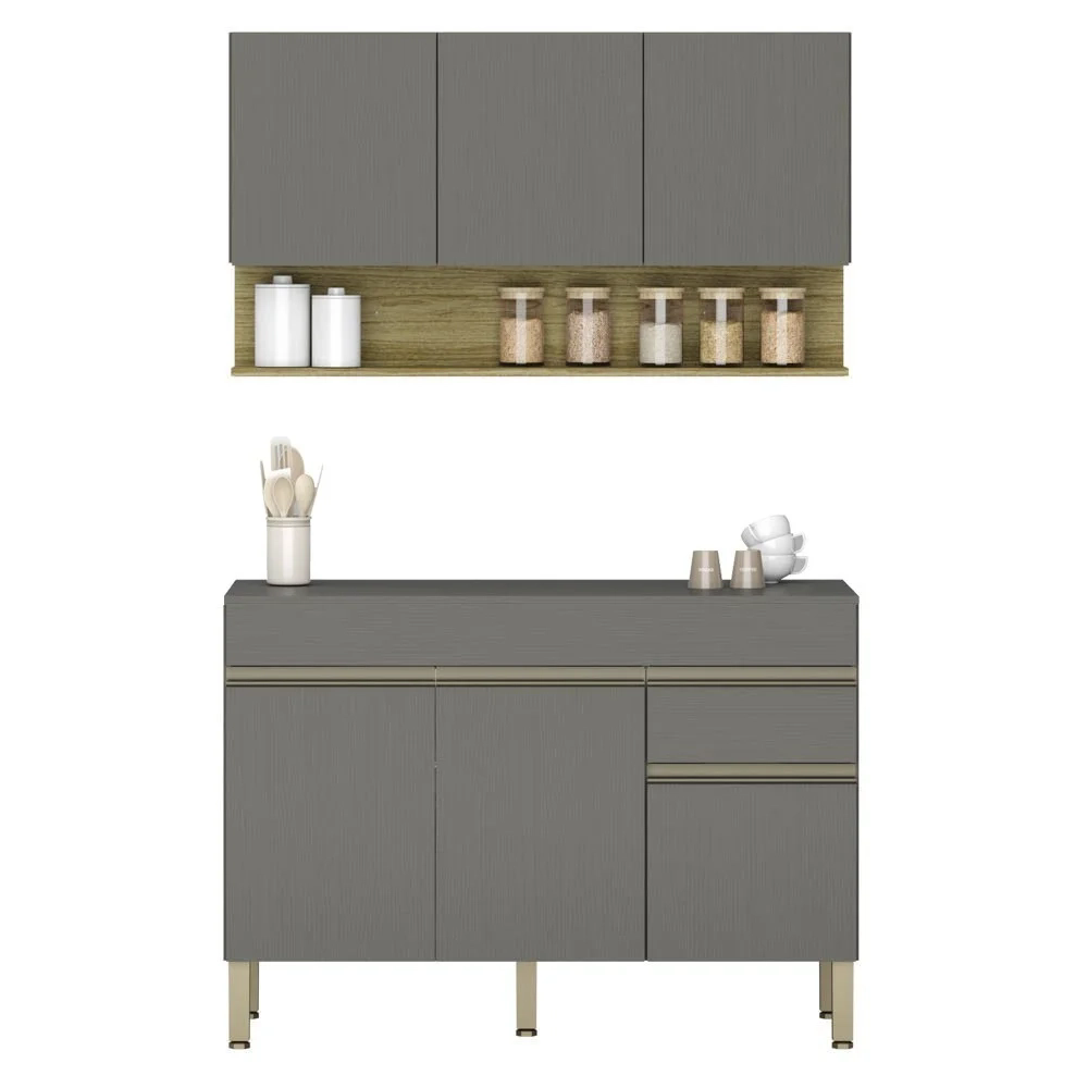 Armário de Cozinha e Balcão com Tampo 150cm Lina Z06 Gris/Freijó - Mpozenato