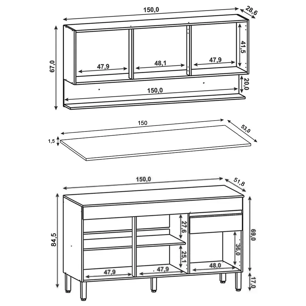 Armário de Cozinha e Balcão com Tampo 150cm Lina Z06 Supremo/Freijó - Mpozenato