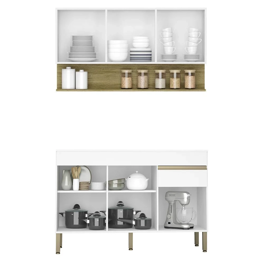 Armário de Cozinha e Balcão com Tampo 150cm Lina Z06 Supremo/Freijó - Mpozenato